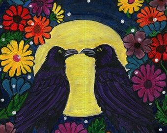 Original  Folk Art Painting of Two Crows ,  acrylic on paper, Wall Décor 8x10