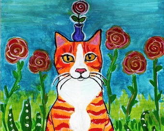 Watercolor and mixed media Original Painting of Orange Tabby and Red Flowers 8x10
