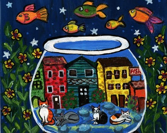 Original Folk Art Painting, Cats in a Fish Bowl, Original Acrylic, Wall Art