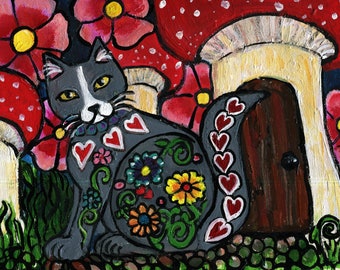 Folk Art Painting of Wildflower Cat by Mushroom House