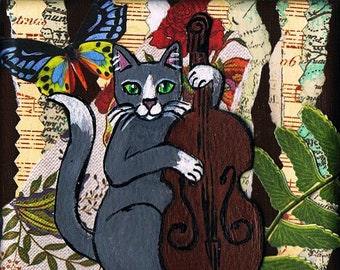 Mixed Media Collage  Acrylic Painting, Grey Cat Art on Canvas  Kitty Playing Bass