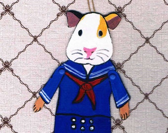 Guinea Pig,  One of a Kind Paper Doll, Collectible Art Doll, OOAK  Decoration, Gift tag, Wrapping decor, Vintage Sailor, Nautical Decor