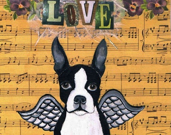 Boston Terrier Original Mixed Media Collage Painting, Love, Angel Dog
