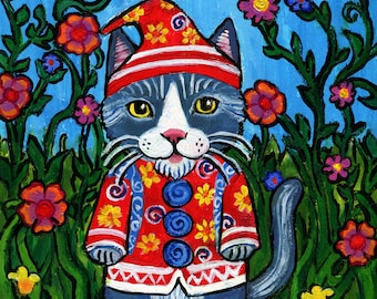 Original  Folk Art Painting of a Kitty Cat Gnome,  acrylic on paper, Wall Décor 8x10