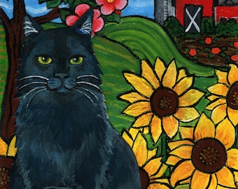 Folk Art Painting of Black Cat in Sunflowers