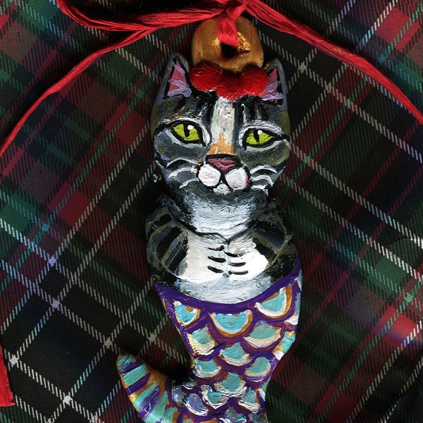 kleine Mercat Ornament, Zeemeermin Kitty Gray Tabby Kerstdecoratie, Purrmaid