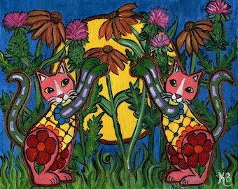 Original Mexican Folk Art Painting,  Talavera Tile Style Cat Art  8x10