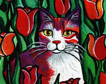 Original Folk Art Painting, Cat In Tulips. Original Acrylic, Wall Art