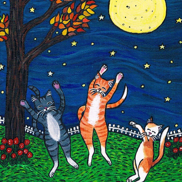 Original Acrylic Painting, OOAK , canvas, Cat Artwork, Dancing Kitty Cats Under the Full Moon, Child's room decor, Nursery decor