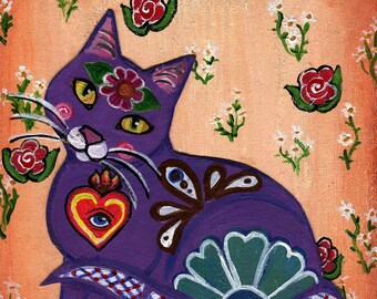 Original Mexican Folk Art Painting, Purple Talavera Cat 8x10