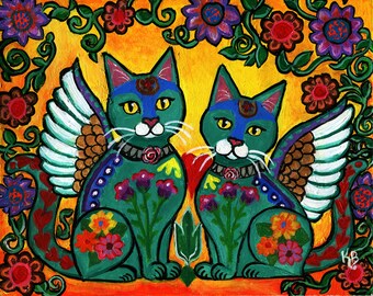 Original Mexican Folk Art Painting of Two Talavera Angel Cats ,  acrylic on paper, Wall Décor 8x10