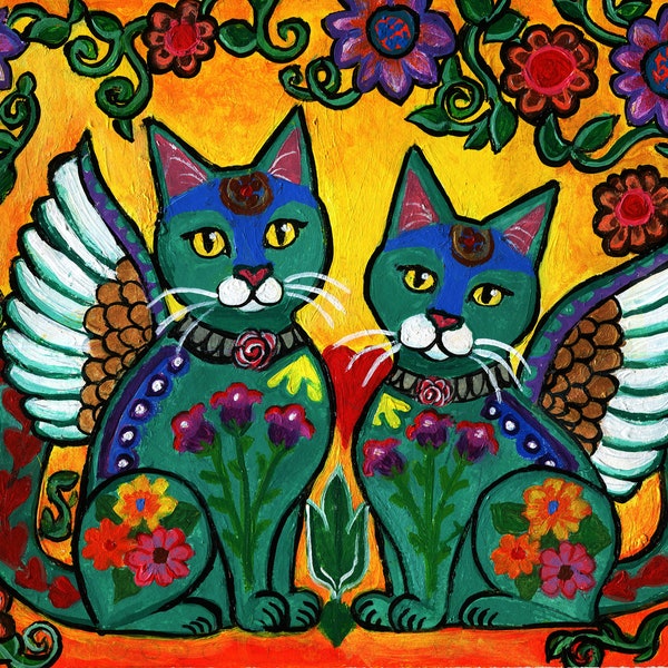 Original Mexican Folk Art Painting of Two Talavera Angel Cats ,  acrylic on paper, Wall Décor 8x10