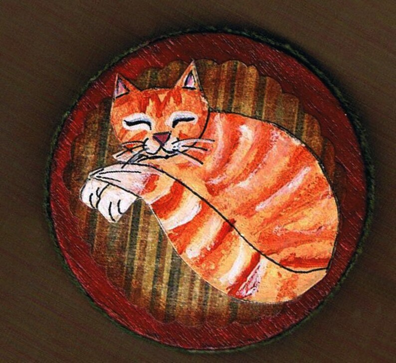 Mixed Media Collage Set of Three refrigerator Magnets Hand Painted Orange Striped Tabby Cat Magnet Set