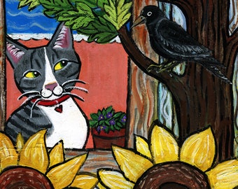 Whimsical Folk Art Acrylic Painting of Cute cat looking at a Bird, 12x9