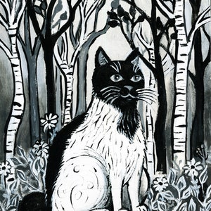 Original Folk Art Painting, Black and White Cat, Original Acrylic, Wall Art