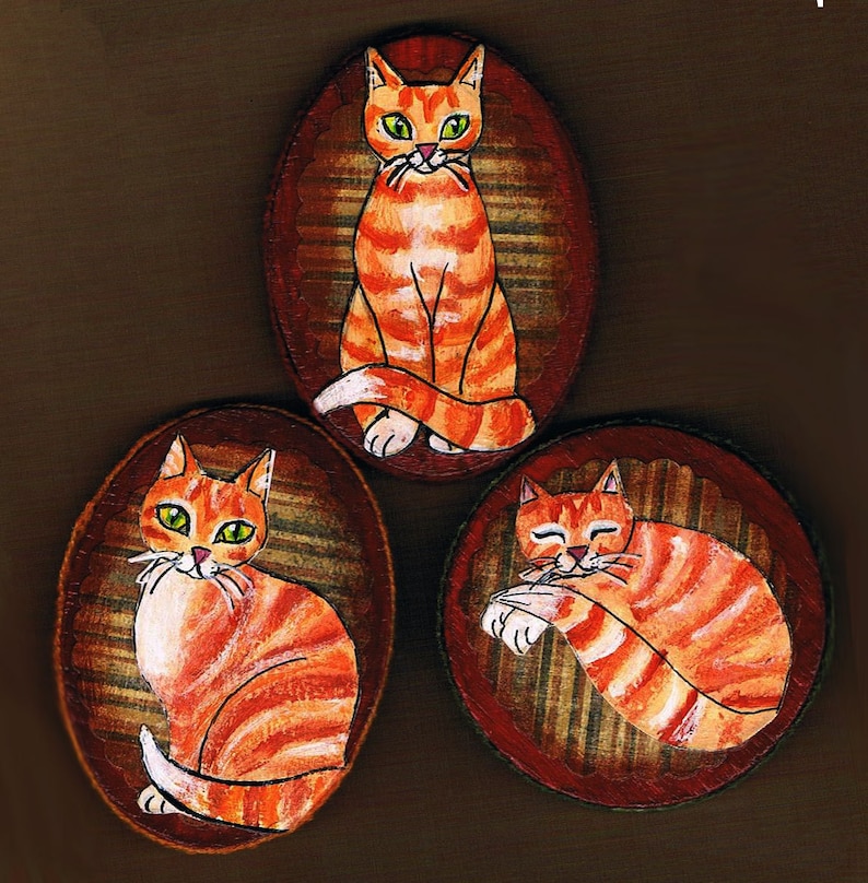 Mixed Media Collage Set of Three refrigerator Magnets Hand Painted Orange Striped Tabby Cat Magnet Set