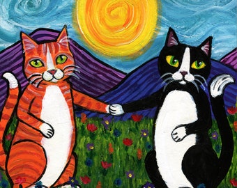 Original Folk Art Painting of Cats holding hands, Best Friends.  8x10 inches