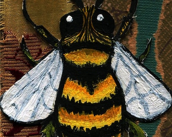 Sweet Bumble bee ACEO, Art Trading Card, Collage Card, Tiny  and Collectible, One of a Kind  Miniature Mixed Media Painting
