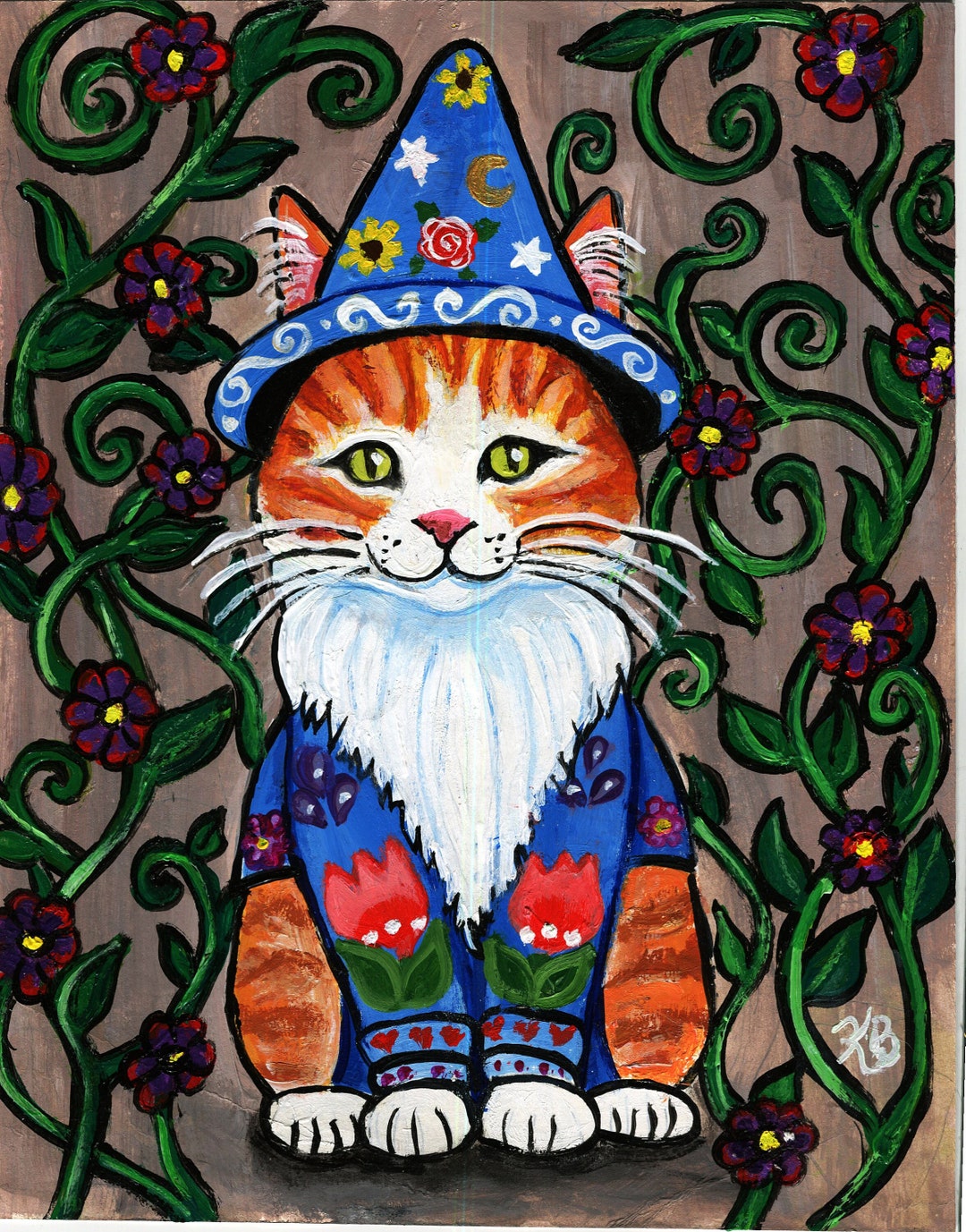 Original Folk Art Painting of a Kitty Cat Gnome, Acrylic on Paper, Wall ...