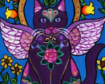 Original Mexican Folk Art Painting of Purple Talavera Angel Cat ,  acrylic on paper, Wall Décor 8x10