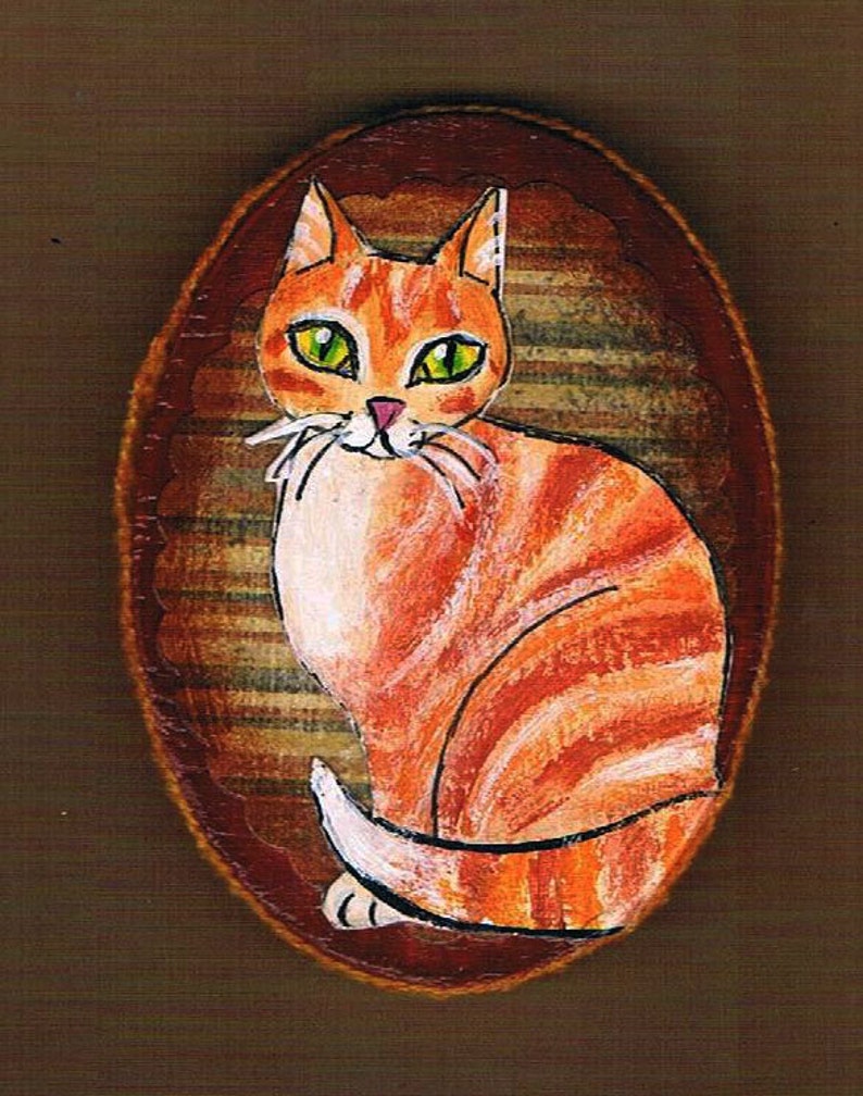Mixed Media Collage Set of Three refrigerator Magnets Hand Painted Orange Striped Tabby Cat Magnet Set
