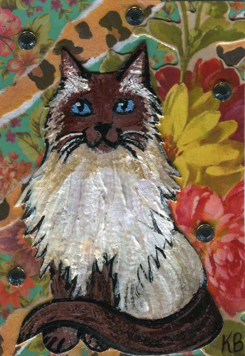 Fluffy Long Haired Siamese Cat Original Mixed Media Aceo Art Etsy