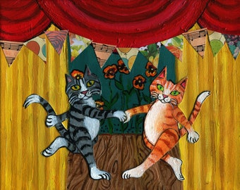 Dancing Kitty Cats On Stage Mixed Media Collage Peinture acrylique Art original unique en son genre