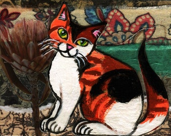 ACEO, Art Trading Card, Hand Painted Calico Cat Collage, Mixed Media