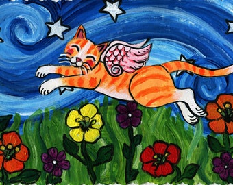 Folk Art Painting of a Flying Kitty Angel, Rainbow Bridge Art, 6x9 inches