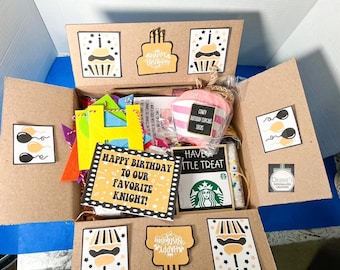Puede incluir: Una caja de regalo de cartón llena de artículos de cumpleaños, incluyendo una pancarta de fieltro amarillo, calcetines a rayas rosas y blancas, y una tarjeta que dice Happy Birthday To Our Favorite Knight. El interior tiene gráficos de cupcakes.