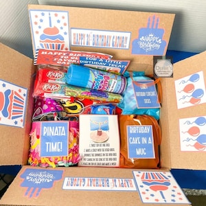 May include: A cardboard gift box filled with birthday-themed items including a can of silly string, KitKat bars, a small piñata, and a mug cake kit. The box flaps feature printed graphics of cupcakes, balloons, and the text Happy 21st Birthday Gator.