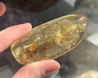 May include: A translucent, amber-colored piece of fossilized resin, showcasing preserved insect inclusions. The amber is held between fingers, revealing its polished surface and the intricate details of the ancient specimens within. The color ranges from light yellow to a deeper golden hue.