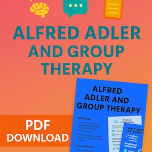 Puede incluir: Un gráfico de descarga digital con el título "THERAPY" en amarillo y "ALFRED ADLER AND GROUP THERAPY" en verde azulado. Se presenta un documento azul con el mismo título, junto con el texto "PDF DOWNLOAD".