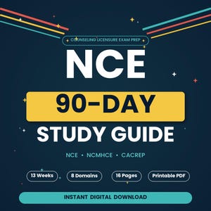 Op de afbeelding: Een digitale studiegids voor het NCE-examen, met de tekst "NCE 90-DAY STUDY GUIDE". De gids bevat informatie over 13 weken, 8 domeinen en 16 pagina's, met een afdrukbare PDF-optie. De achtergrond is donkerblauw met witte sterren.
