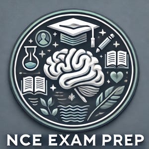 Puede incluir: Un logotipo circular con un cerebro blanco en el centro rodeado de varios iconos educativos, incluyendo un gorro de graduación, libros, un lápiz, un corazón y un matraz. El texto "NCE EXAM PREP" está debajo del logotipo.