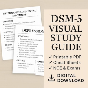 May include: A digital download study guide titled "DSM-5 Visual Study Guide." The guide includes printable PDFs, cheat sheets, and resources for NCE & Exams. The image also shows lists of symptoms and subtypes for Neurodevelopmental Disorders and Depression.