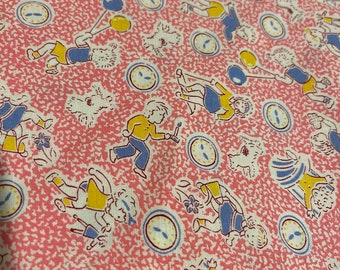 OOP HTF aunt grace marcus fabric material 1930’s feedsack vintage reproduction 1999 kids clocks balloons playing puppy dogs by the yard pink