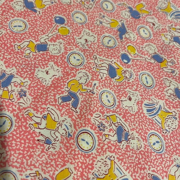 OOP HTF aunt grace marcus fabric material 1930’s feedsack vintage reproduction 1999 kids clocks balloons playing puppy dogs by the yard pink