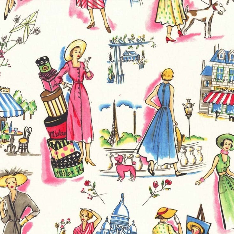 OOP HTF one yard Michael Miller Spring time In Paris Fabric Vintage Pastel Women and Street Scenes on White