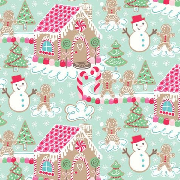 Sugar Rush Fabric Gingerbread House Candy Christmas Xmas Holiday with Snowmen on Light Blue