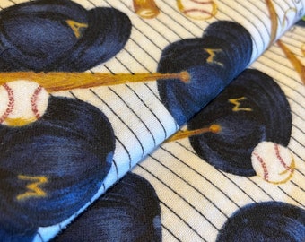 Baseball caps and bats blue white stripes FLANNEL cotton fabric material
