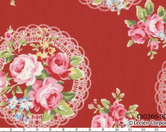 OOP HTF 28 inches Flower Sugar Fabric Lecien 2012 Nosegay Roses Bridal Doily Bouquet Flowers on Red Valentine