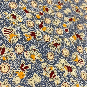 OOP HTF aunt grace marcus fabric material 1930’s feedsack vintage reproduction 1999 kids clocks balloons playing puppy dogs by the yard blue