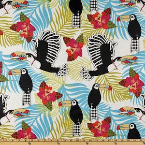May include: White fabric with a repeating pattern of black toucans with colorful beaks, tropical leaves, and pink flowers.