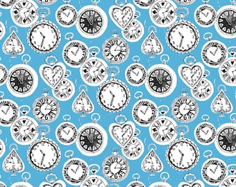 Wonderland Fabric Tick Tock Clocks Late For an Important Date with a Silly Rabbit on Blue by Blend