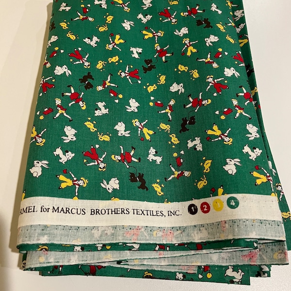 OOP HTF aunt grace marcus fabric material 1930’s feedsack vintage reproduction 1999 kids farm chores chicks bunny duck on green by the yard