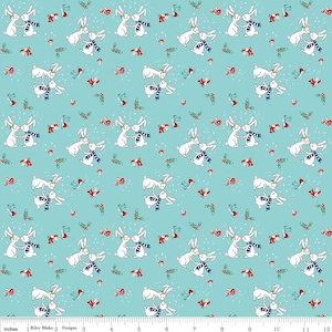 May include: A repeating pattern of white bunnies kissing on a light blue background with red and white polka dots. The bunnies are wearing blue and white scarves. The pattern is perfect for fabric, wallpaper, or wrapping paper.