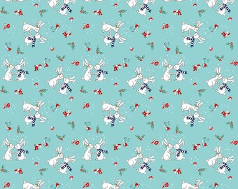 OOP HTF 18 inches Pixie Noel Riley Blake Elf Christmas Holiday Fabric Snowy Winter Forest Bunny Rabbits and Elves on Aqua Blue