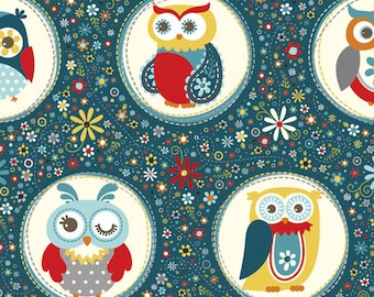 OOP HTF 15 in Adorn It Nested Owls Big Owls Inside Polka Dots Fabric CHARCOAL 5 Inches Tall on Navy Blue