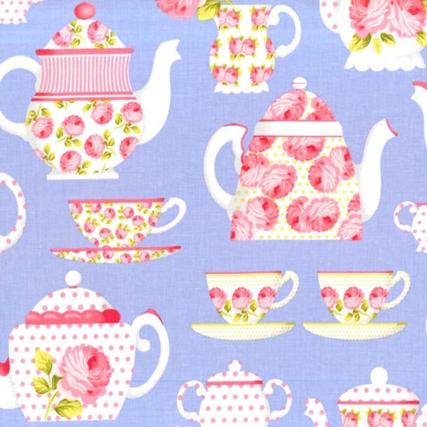 OOP HTF Michael Miller Tea Room Fabric Party Tea Cups Pots with Polka Dots and Roses on Periwinkle Blue Lavender